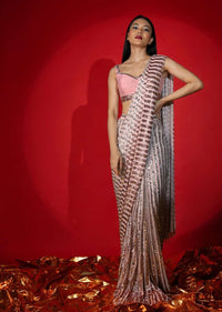 Rose Pink Ombre Ready Pleated Saree Embellished In Sequins With A Raw Silk Blouse Embellished With Sequins