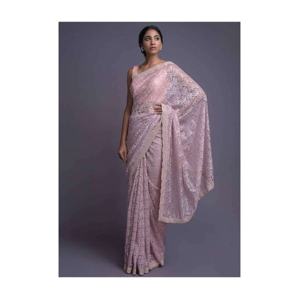 Rose Pink Saree In Floral Lace With Embellished Scallop Cut Hem Online - Kalki Fashion