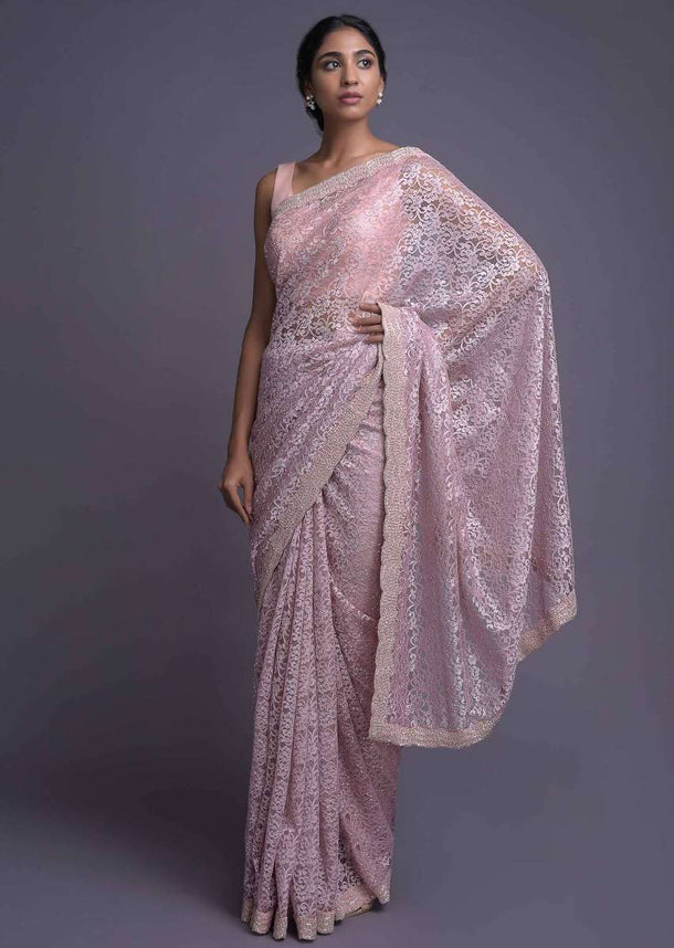 Rose Pink Saree In Floral Lace With Embellished Scallop Cut Hem Online - Kalki Fashion