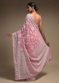 Rose Pink Saree In Georgette Adorned With Lucknowi Thread Embroidery In Floral Pattern Online - Kalki Fashion