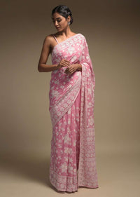 Rose Pink Saree In Georgette Adorned With Lucknowi Thread Embroidery In Floral Pattern Online - Kalki Fashion