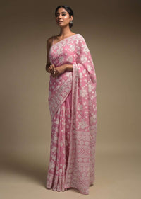 Rose Pink Saree In Georgette Adorned With Lucknowi Thread Embroidery In Floral Pattern Online - Kalki Fashion