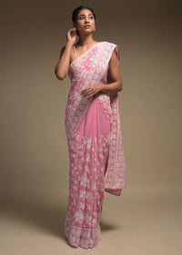 Rose Pink Saree In Georgette Adorned With Lucknowi Thread Embroidery In Floral Pattern Online - Kalki Fashion