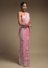 Rose Pink Saree In Georgette Adorned With Lucknowi Thread Embroidery In Floral Pattern Online - Kalki Fashion