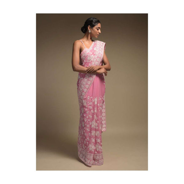 Rose Pink Saree In Georgette Adorned With Lucknowi Thread Embroidery In Floral Pattern Online - Kalki Fashion