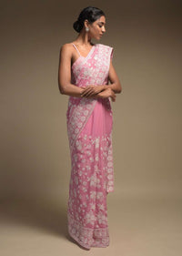 Rose Pink Saree In Georgette Adorned With Lucknowi Thread Embroidery In Floral Pattern Online - Kalki Fashion