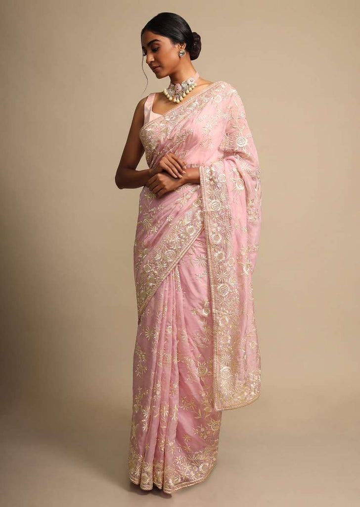 Rose Pink Saree In Satin Crepe With Resham Embroidered Floral Jaal Online - Kalki Fashion