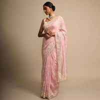 Rose Pink Saree In Satin Crepe With Resham Embroidered Floral Jaal Online - Kalki Fashion