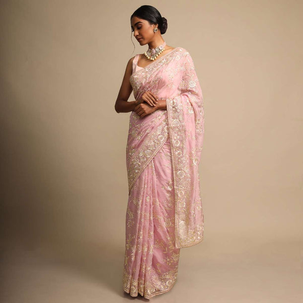 Rose Pink Saree In Satin Crepe With Resham Embroidered Floral Jaal Online - Kalki Fashion