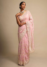 Rose Pink Saree In Satin Crepe With Resham Embroidered Floral Jaal Online - Kalki Fashion