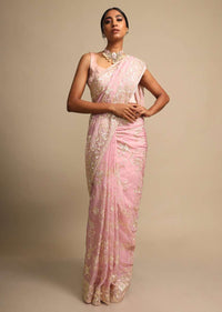 Rose Pink Saree In Satin Crepe With Resham Embroidered Floral Jaal Online - Kalki Fashion