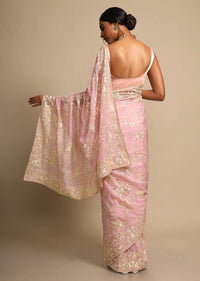 Rose Pink Saree In Satin Crepe With Resham Embroidered Floral Jaal Online - Kalki Fashion