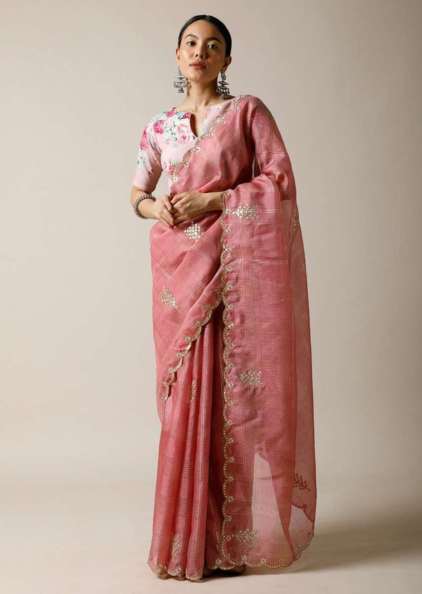 Rose Pink Saree In Kota Silk With Gotta Patti Embroidered Buttis And Border Along With Printed Unstitched Blouse