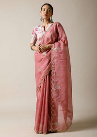 Rose Pink Saree In Kota Silk With Gotta Patti Embroidered Buttis And Border Along With Printed Unstitched Blouse