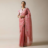 Rose Pink Saree In Kota Silk With Gotta Patti Embroidered Buttis And Border Along With Printed Unstitched Blouse