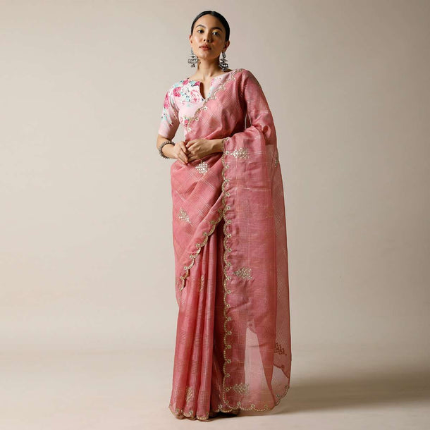 Rose Pink Saree In Kota Silk With Gotta Patti Embroidered Buttis And Border Along With Printed Unstitched Blouse