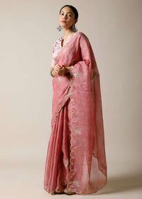 Rose Pink Saree In Kota Silk With Gotta Patti Embroidered Buttis And Border Along With Printed Unstitched Blouse