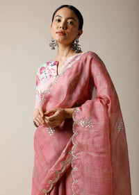 Rose Pink Saree In Kota Silk With Gotta Patti Embroidered Buttis And Border Along With Printed Unstitched Blouse