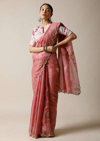 Rose Pink Saree In Kota Silk With Gotta Patti Embroidered Buttis And Border Along With Printed Unstitched Blouse