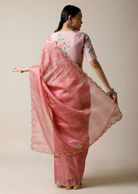 Rose Pink Saree In Kota Silk With Gotta Patti Embroidered Buttis And Border Along With Printed Unstitched Blouse