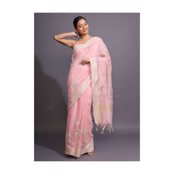 Rose Pink Saree In Linen With Resham And Moti Embroidered Floral Motifs Online - Kalki Fashion