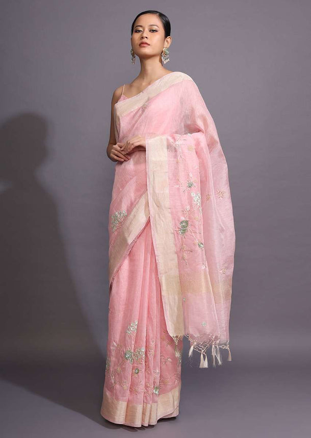 Rose Pink Saree In Linen With Resham And Moti Embroidered Floral Motifs Online - Kalki Fashion