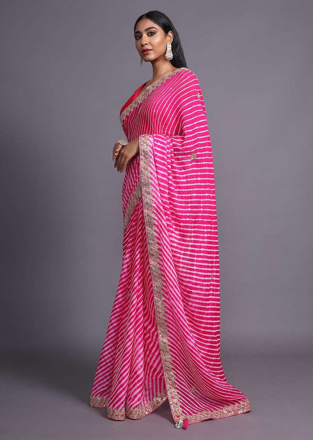 Rose Pink Saree With Lehariya Print And Gotta Patti Embroidered Buttis And Border Online - Kalki Fashion