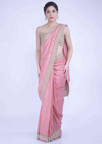 Rose Pink Silk Saree With Scalloped Border Online - Kalki Fashion