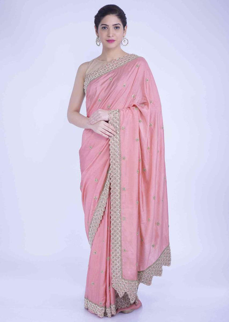 Rose Pink Silk Saree With Scalloped Border Online - Kalki Fashion