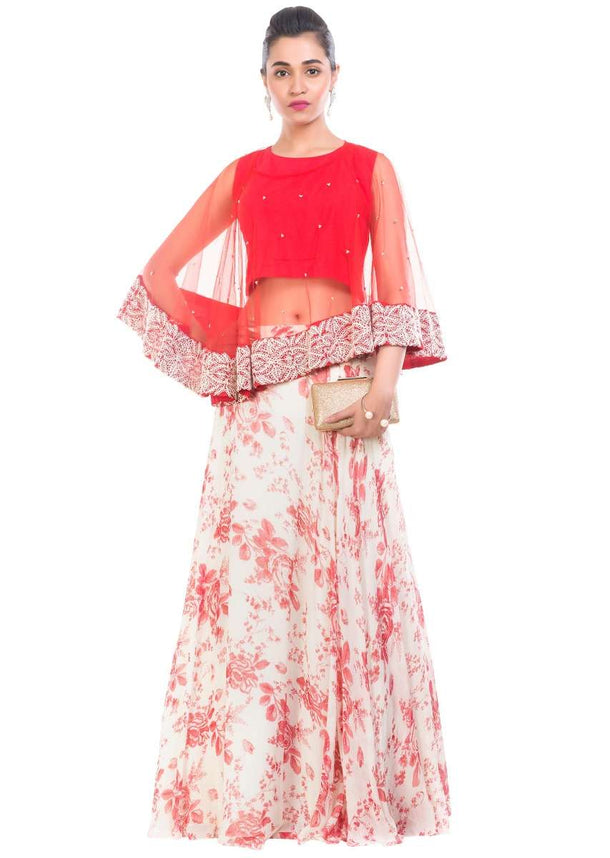 Rose Printed Skirt & Cape Set Online - Kalki Fashion