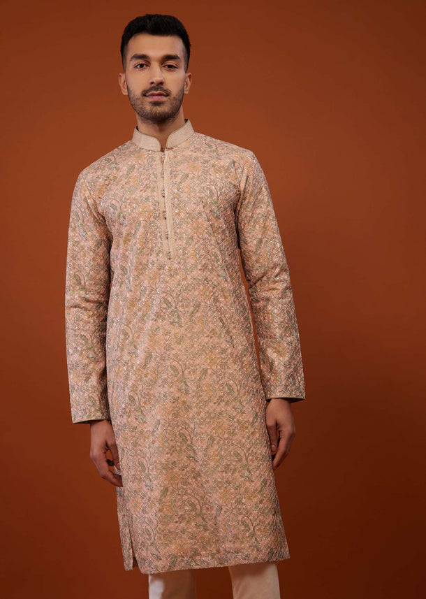 Powder Pink Embroidered Kurta Set In Cotton Silk