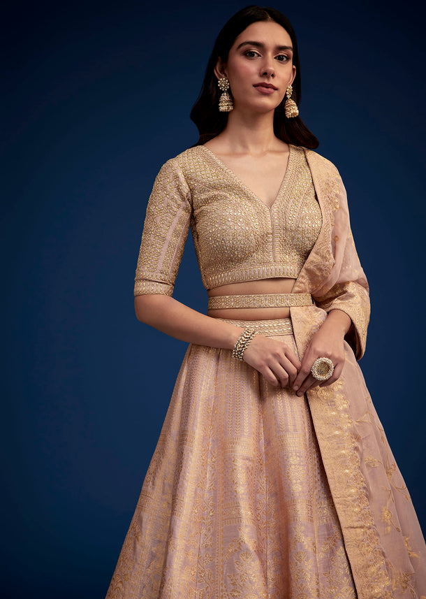 Rose Gold Brocade Lehenga Set With Belt