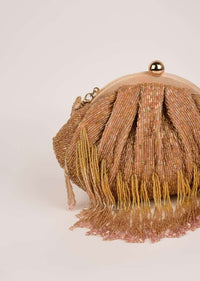Rose Gold Clutch Heavily Embroidered With Cut Dana And Beads All Over Along With Fringe Detailing Online - Kalki Fashion