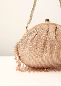 Rose Gold Clutch In Crushed Sequins Fabric With Cut Dana Fringes On The Edges