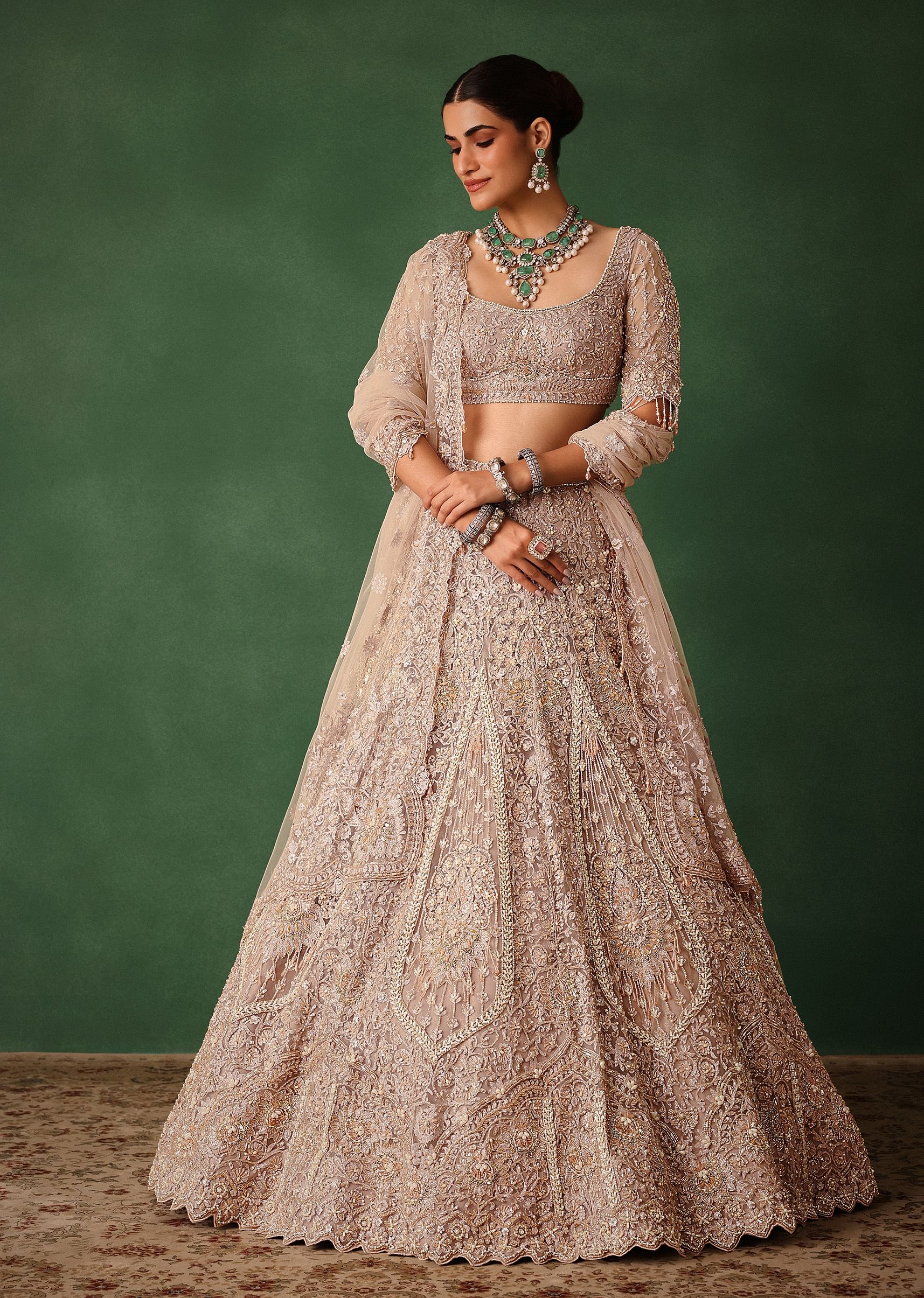 Rose Gold Hand Embroidered Lehenga Set With Dupatta