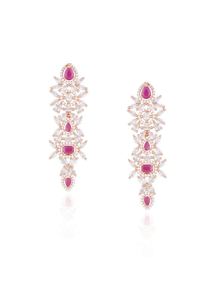 Rose Gold Plated Earrings Studded With Faux Diamonds And Ruby In An Elegant Design By Aster