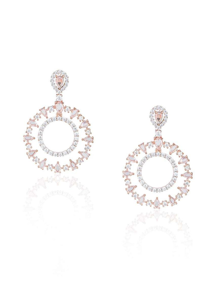 Rose Gold Pleated Earrings In Geometric Design With Faux Rose Cut Diamonds By Aster