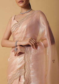 Rose Gold Toned Foil Saree In Tissue With Cut Dana Embroidered Borders