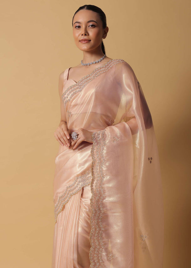 Rose Gold Toned Foil Saree In Tissue With Cut Dana Embroidered Borders