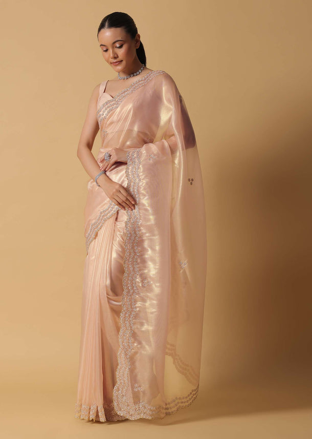 Rose Gold Toned Foil Saree In Tissue With Cut Dana Embroidered Borders