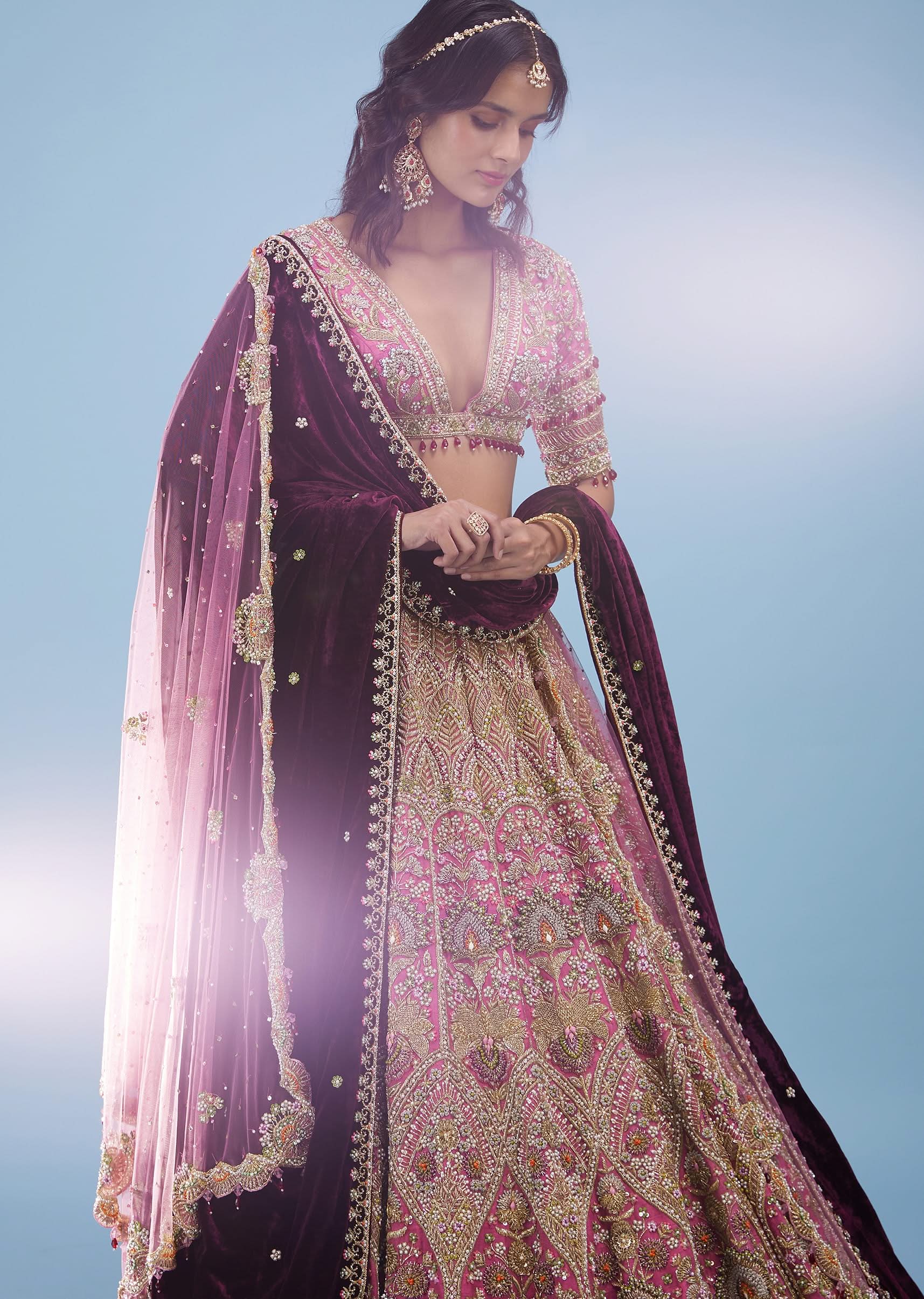 Rose Pink Bridal Lehenga In Raw Silk With Heavy Embroidery - NOOR 2022