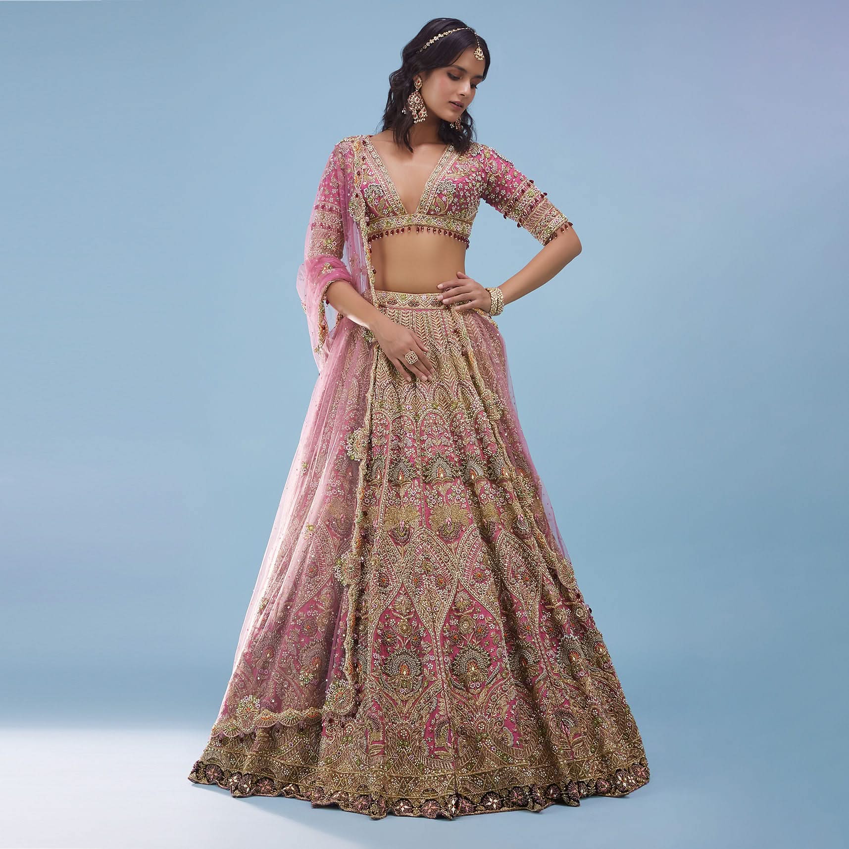 Rose Pink Bridal Lehenga In Raw Silk With Heavy Embroidery - NOOR 2022