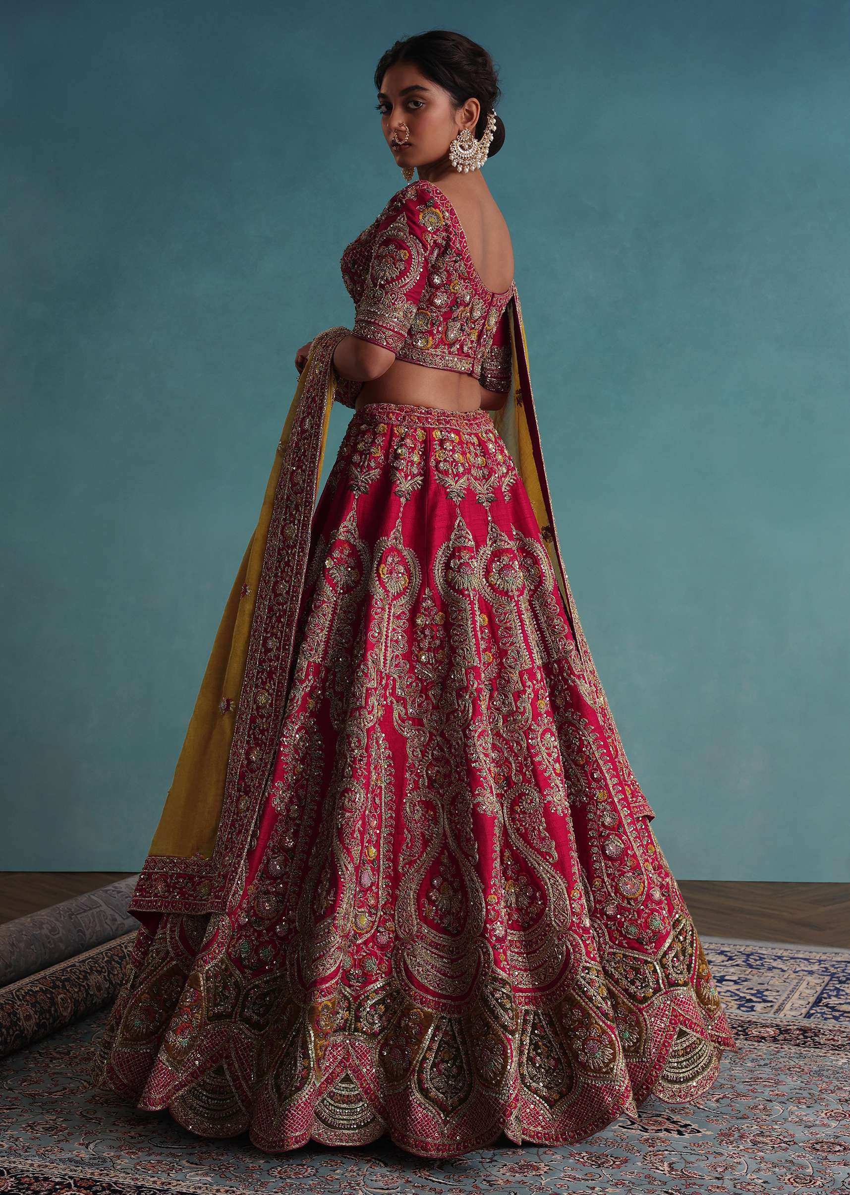 Rose Pink Embroidered 16 Kali Bridal Lehenga In Raw Silk