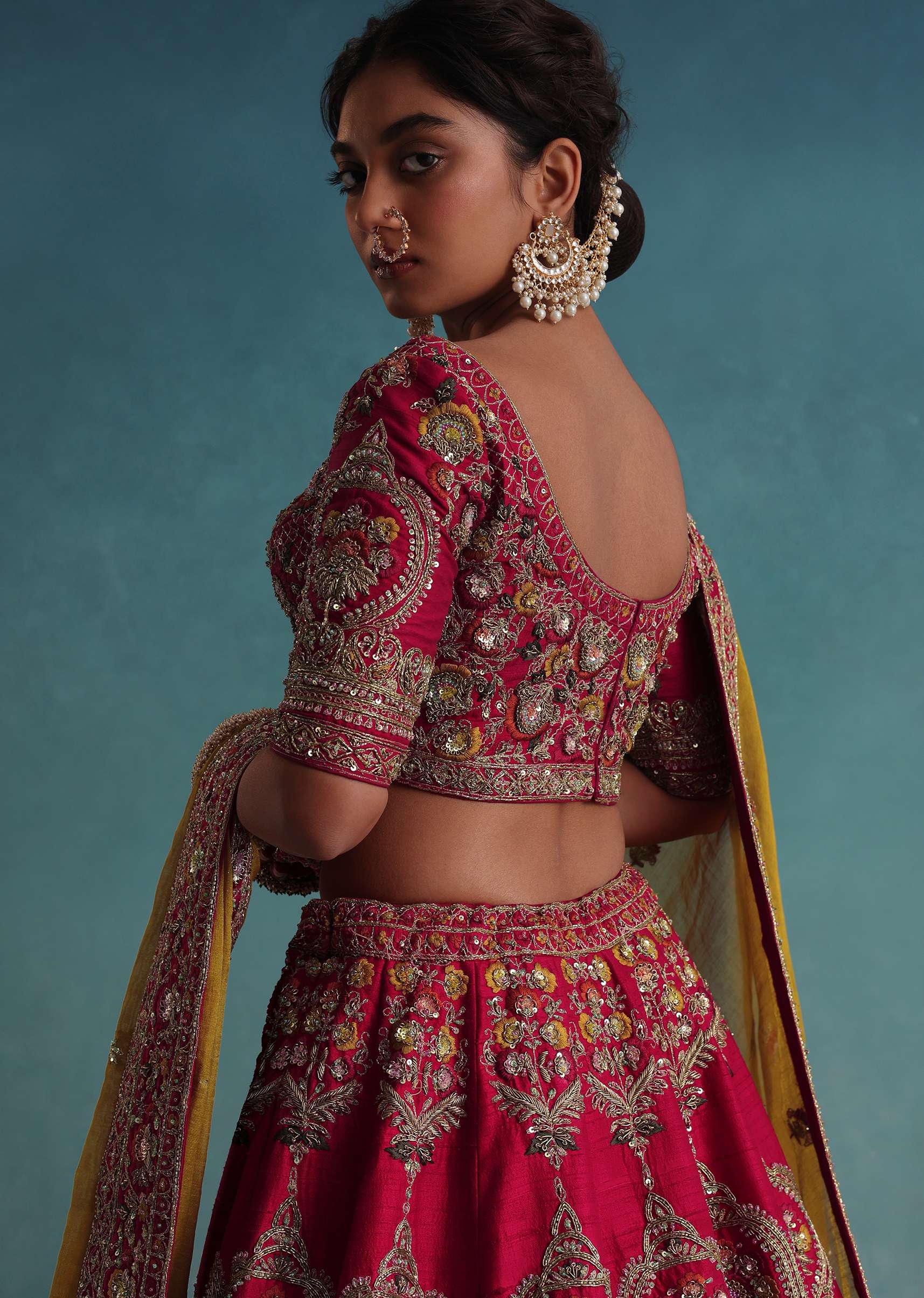 Rose Pink Embroidered 16 Kali Bridal Lehenga In Raw Silk