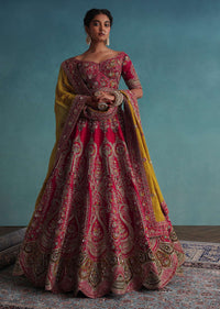 Rose Pink Embroidered 16 Kali Bridal Lehenga In Raw Silk