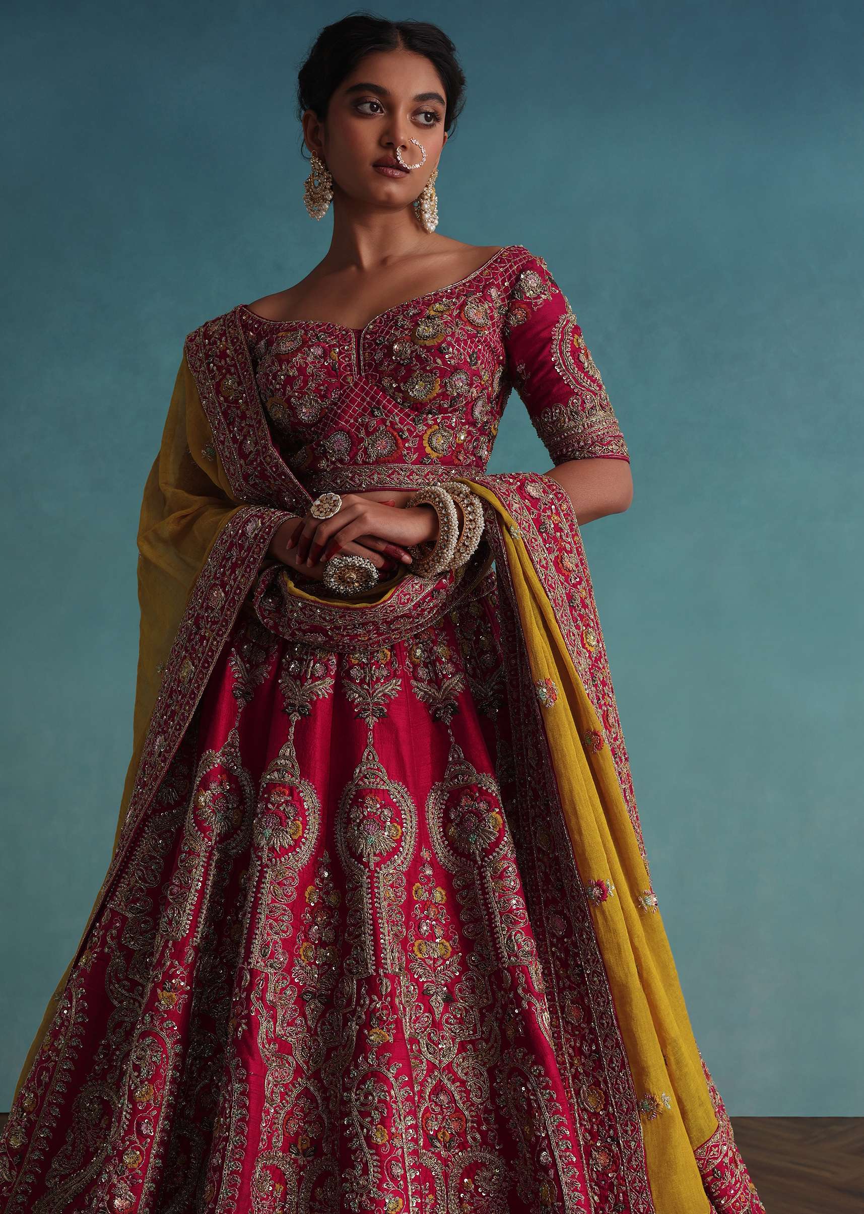 Rose Pink Embroidered 16 Kali Bridal Lehenga In Raw Silk