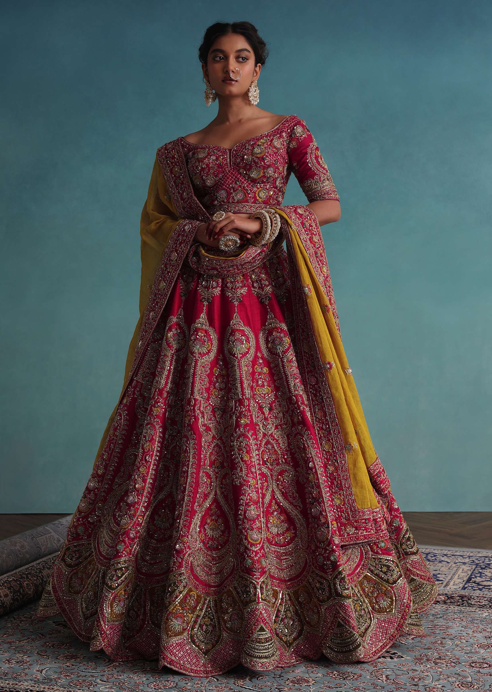 Rose Pink Embroidered 16 Kali Bridal Lehenga In Raw Silk