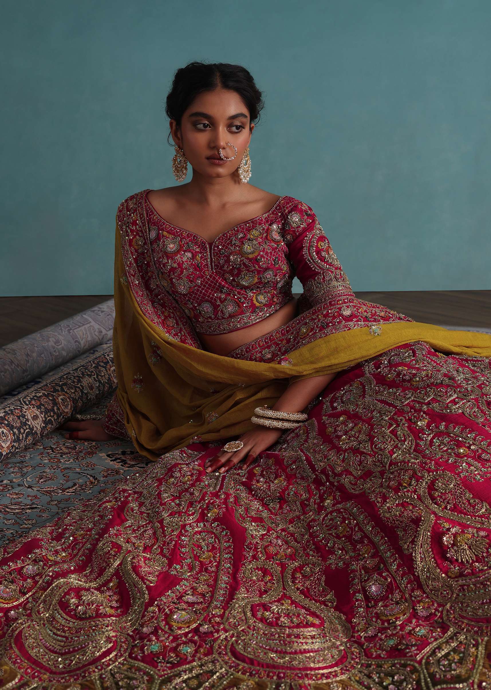 Rose Pink Embroidered 16 Kali Bridal Lehenga In Raw Silk