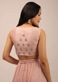 Rose Pink Padded Blouse With Overlapping Design Adorned In zardosi Work In Floral Pattern