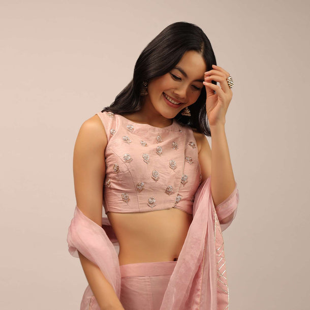 Rose Pink Padded Blouse With Overlapping Design Adorned In zardosi Work In Floral Pattern